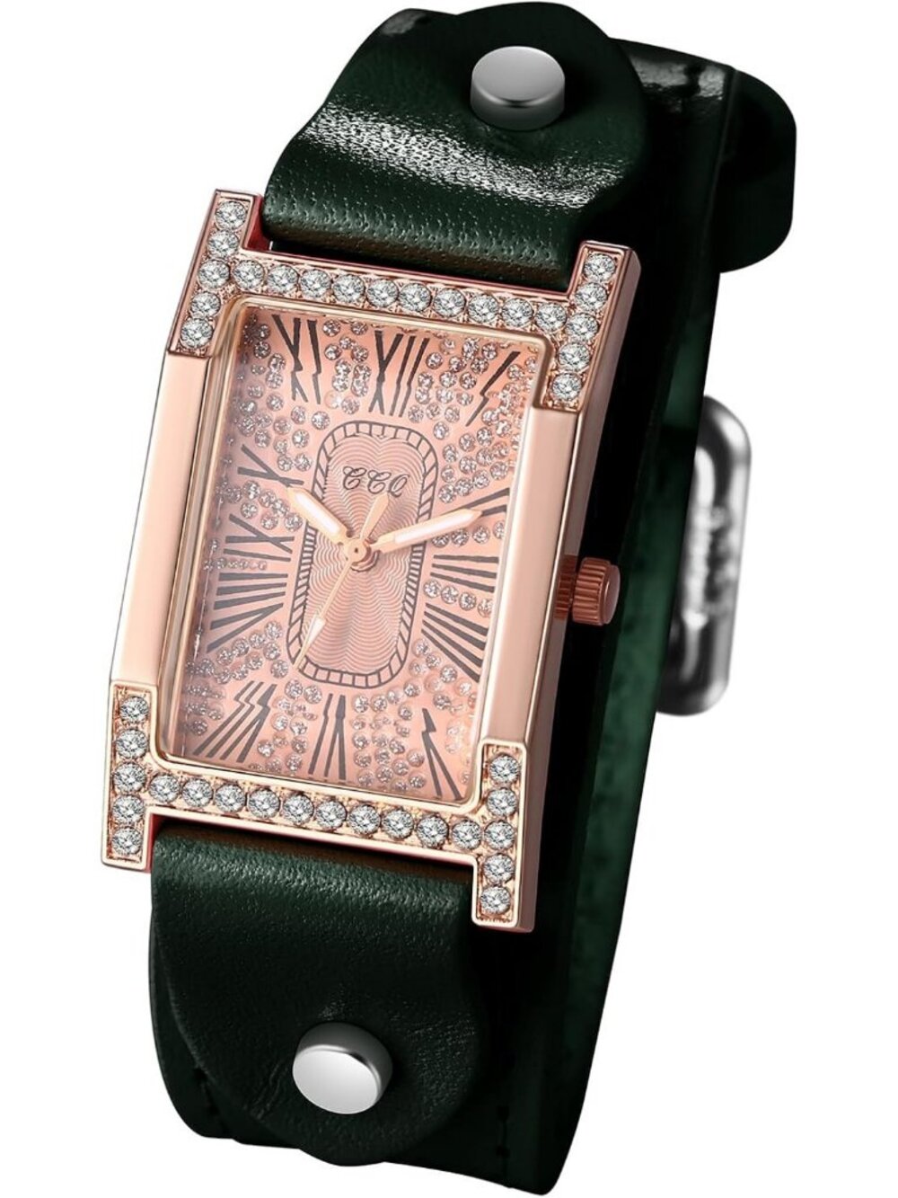 Women's Green Vintage Square Leather Iced-Out Quartz Analog Classic Wrist Watch